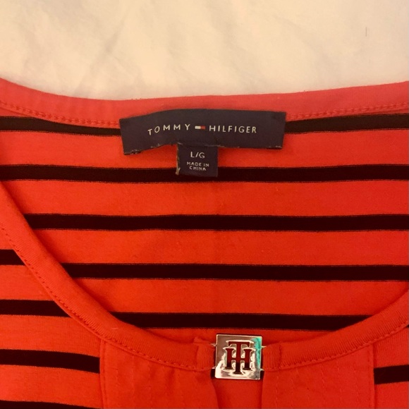 Red & black striped top. Silky soft; styled neck with designer ornament. - Picture 2 of 4